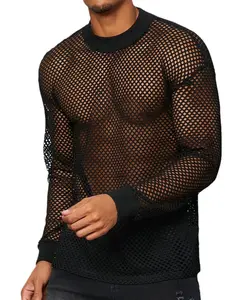 Men T Shirt Mesh Transparent O-neck Long Sleeve T-shirts Sexy Streetwear Fashion Party Nightclub Men Clothing