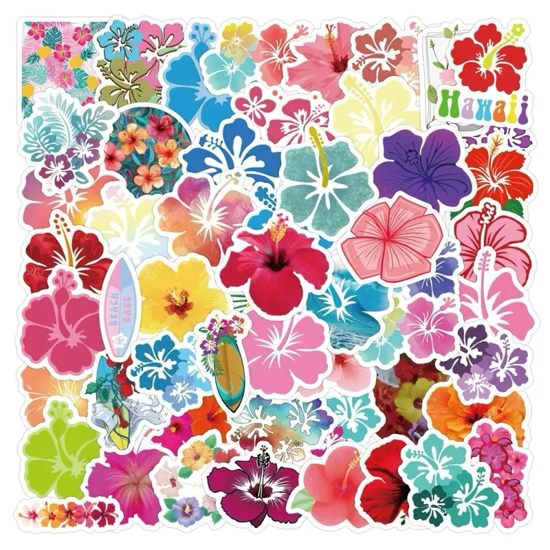 Hibiscus Mix Stickers Decals - 60pcs Tropical Floral Designs for Laptops Phones Phone Cases Scooters Consoles Walls Luggage Books Journal Notebooks Craft Projects Party Decorations Cellphone Smartphone