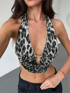 The new sexy backless leopard-print sequin camisole, a casual and fashionable women's top.