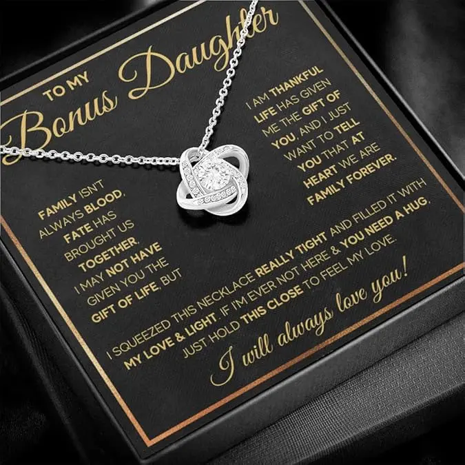 Bonus Daughter Necklace, Birthday, Graduation, and Christmas Gift, Pendant for Stepdaughter or Goddaughter, with Heartfelt Message Card and Box