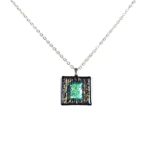 Dichroic Teal Blue on Metallic Striped Black Necklace