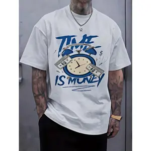 Men's T-Shirt featuring a "Time and Money" print design. Available in black and white, and adorned with clock and banknote motifs, this casual summer tee offers a stylish, retro-inspired look crafted from pure cotton. A fashionable short-sleeve top for me