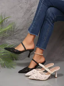 New Fashion French Lace Pointed Toe Mules for Women, Hollow Out Breathable Cat Heel Sandals, Outdoor One Strap Closed-Toe Half Slip-On High Heels