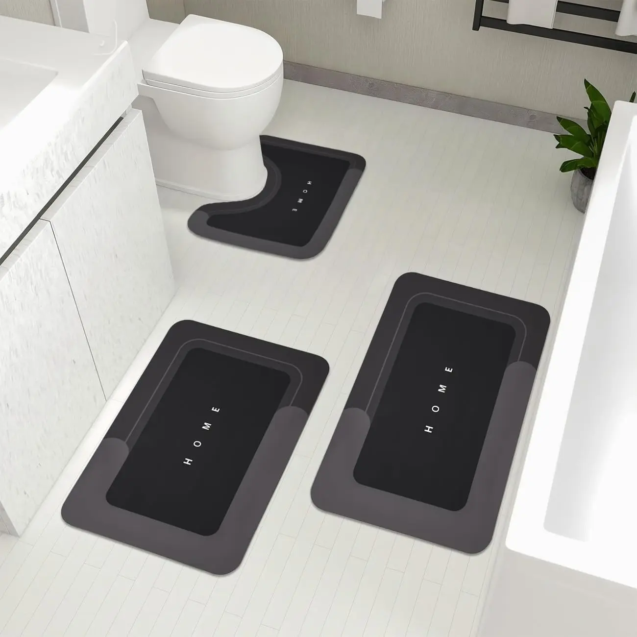 3-Piece Absorbent Bathroom Mat Magic Rug Set, Quick-Drying Bath Mat Non-Slip Floor Mat with Rubber BackingSuitable for Bathroom, Kitchen, Shower and Sink (16.9 x 23.6Inch+19.7 x 23.6 Inch+19.7 x 23.6 Inch+19.7 x 31.9 Inch,Black)