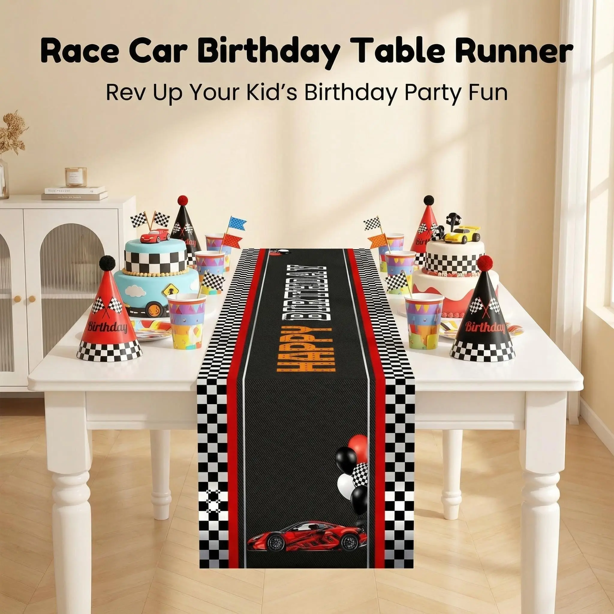 Racing Theme Birthday Tablecloth, Background with Checkered Flag and Race Car, Durable Polyester, Ideal for Kids' Parties, Events, Table Cloth Runner