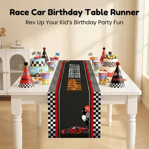 Racing Theme Birthday Tablecloth, Background with Checkered Flag and Car, Durable Polyester, Ideal for Kids' Parties, Table Cloth Runner