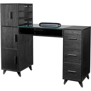 OmySalon Manicure Table Nail Desk for Nail Tech w/Glass Top & Wrist Rest, Beauty Salon Nail Supplies Decor Workstation Acetone Resistant w/3 Side Cabinet+3 Drawers+3 Layers Open Cabinet+1 Open Drawer