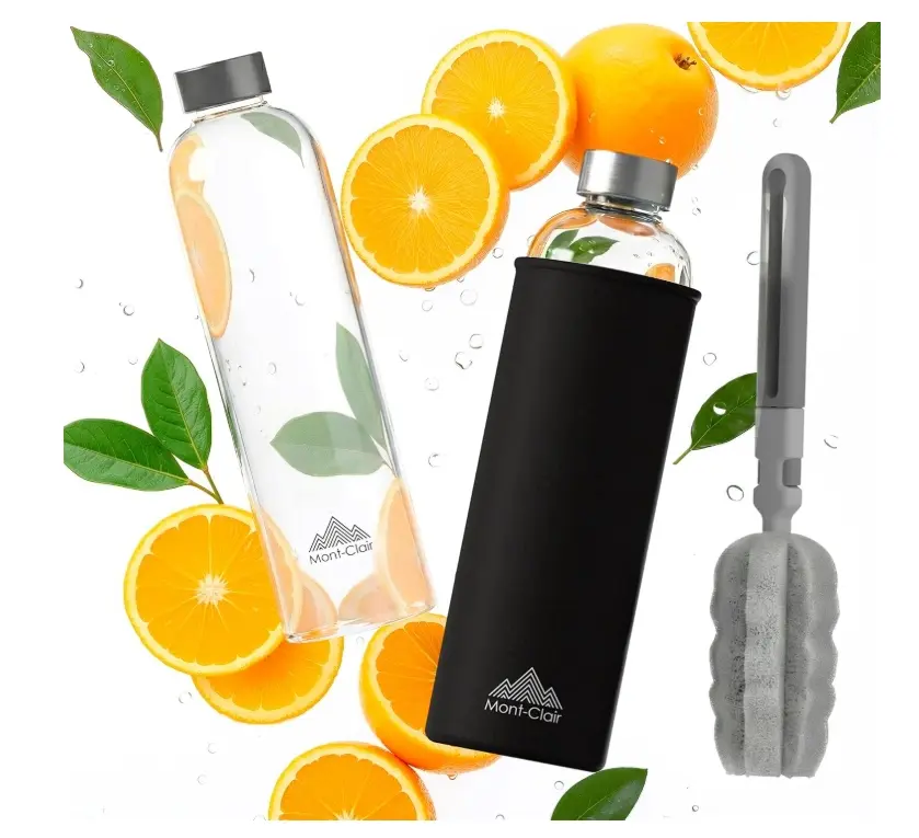 Glass Water Bottle 18 oz with Neoprene Sleeve - Leak Proof + BPA Free - Hot & Cold Drinks - Ideal for Adult, Kids, Travel, Sports, Gym, Running