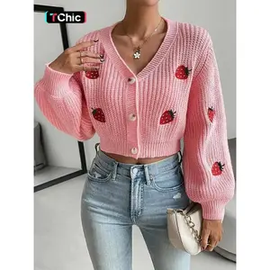 Women’s strawberry-embroidered cropped cardigan with front buttons, casual drop-shoulder long sleeves, and a V-neck knit design for autumn and winter—fashionable ladies’ knitwear for everyday wear, pink cardigan GARMENTARY