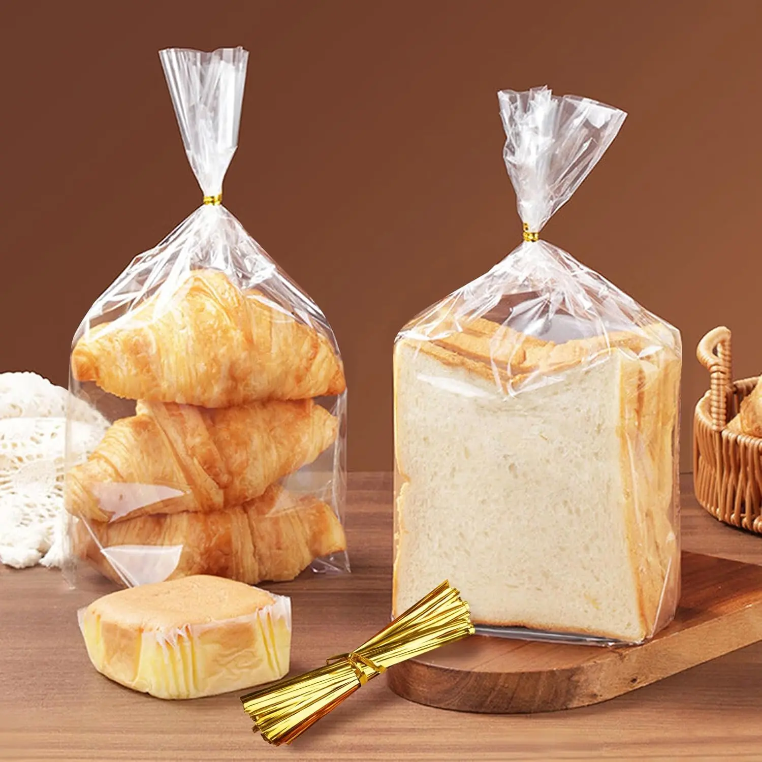 8x4x18" PE Plastic Transparent Plain Bread Bags (70 Pack) with Freshness Seal, 100 Pack Ties, Reusable Transparent Bag for Bakers