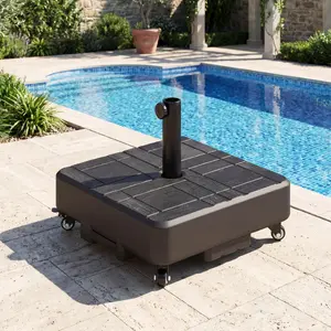 Patio Umbrella Base Outdoor Stand with Wheels for 1.5"/1.9" Poles Wood Grain Finish Fillable for Stability 18.9" L x 18.9" W x 15.2" H