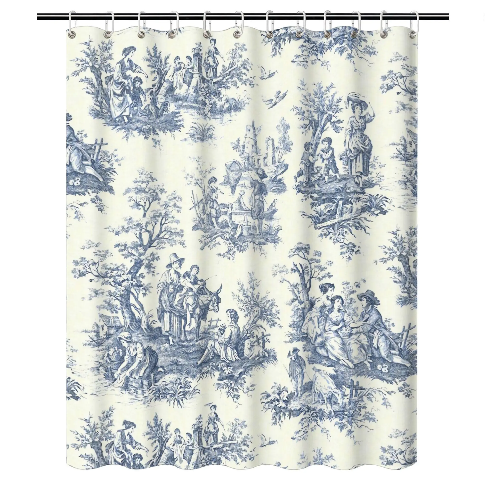 French Jacquard Polyester Shower Curtain - Pink, Blue, Beige Vintage French Country Bathroom Decor, Classic Toile-Style Patterns (Trees, Branches, Leaves, Figures), Soft Fabric, Standard Bathtub Fit, Easy-To-Clean Design, 44*63Inch, Wall Mount, Straight