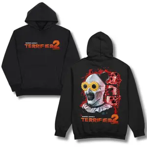 Terrifier 2 Hoodie – Horror Graphic Pullover Featuring Art the Clown Design, Perfect for Halloween, Scary Movie Fans, and Horror Streetwear, 2 Sides. Breathable Fabric Crewneck Sweatshirt