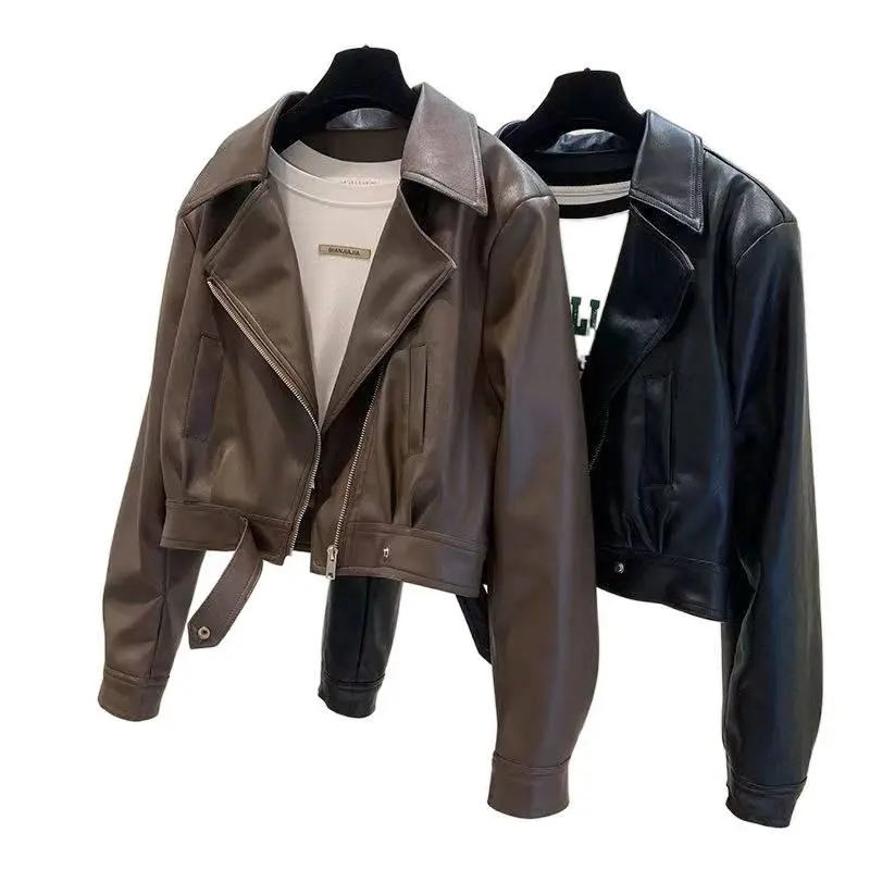 Women’s Cropped PU Faux Leather Moto Jacket - European Style Lapel Zip-Up, Petite-Friendly Short Biker Coat, Smooth Everyday Smart Casual Essential Fall Streetwear Outerwear for Going Out (S-3XL), Tops, Wide Leg
