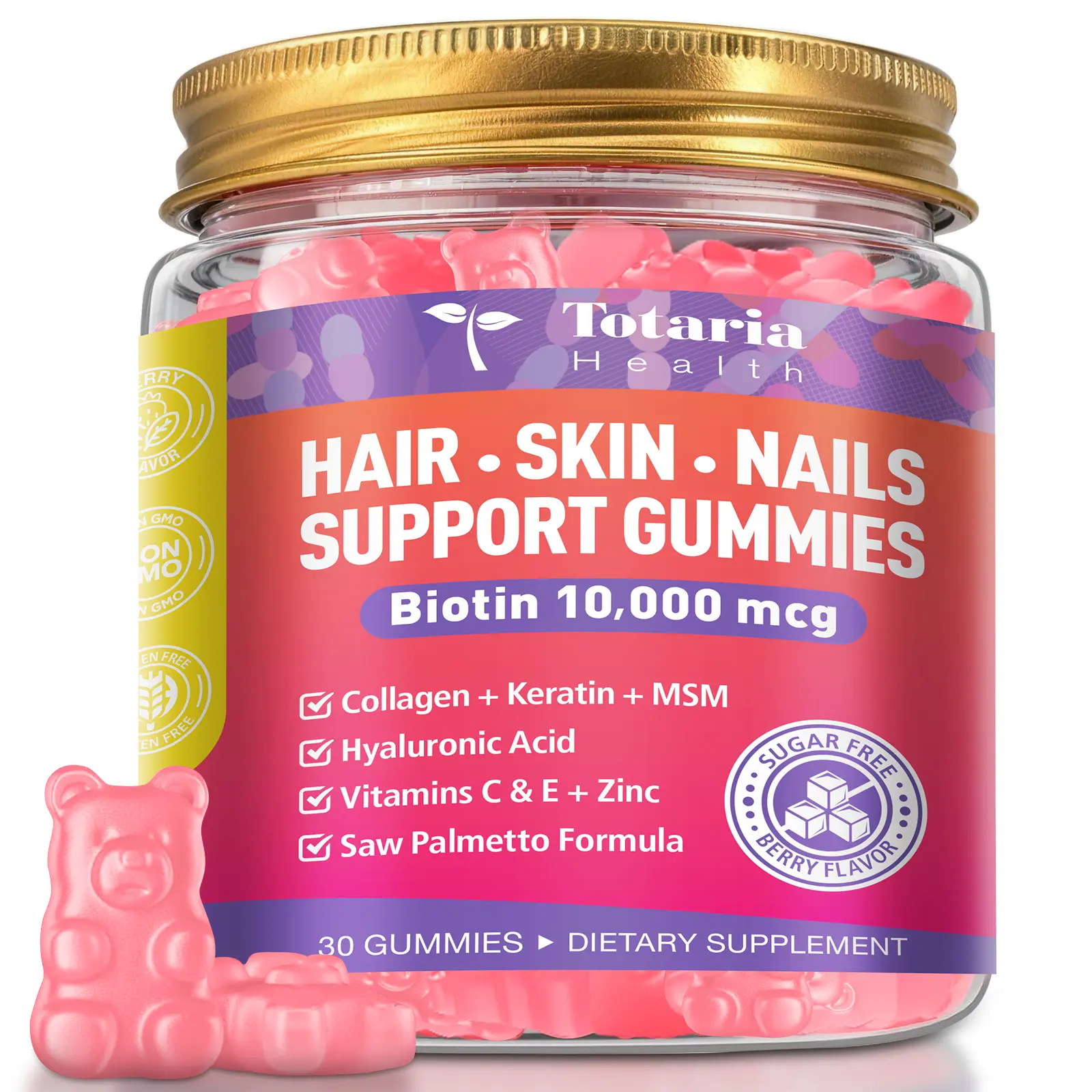 Totaria 10000 mcg Biotin Gummies – Hair, Skin & Nails Support with Collagen, Keratin, MSM, Vitamins C, E, Zinc & B6 – Vegan Wild Berry Flavor – 30 Gummies for 1 Month