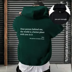 You are enough on both sides, dear. The person behind me is wearing a hoodie/sweatshirt/T-shirt; men’s letter-print drawstring hoodie with pockets; laid-back school streetwear; outdoor wear; perfect gift for men; perfect gift GARMENTARY