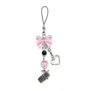 Korean Style Sweet Girl Heart Bow Phone Chain, Cute Versatile Bag Charm, Transparent Color Butterfly Knot Accessory