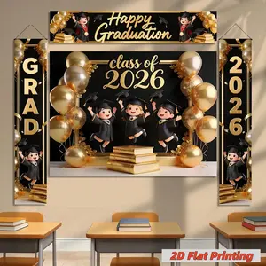 1-pack polyester fiber 2D flat printing 2026 graduation theme background cloth banner + door curtain three-piece set black gold balloon book design suitable for graduation parties, graduation ceremonies, studio shooting, classroom wall decoration