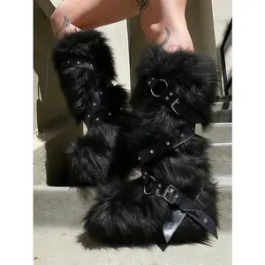 2025 Winter Knee-High Boots – Pull-On Faux Fur Boots, Furry & Fluffy, Round Toe, Strapped Design for Women; Suede, Comfortable Plush, Warm; Suitable for Outdoor/Indoor Wear; Flat Sole; Punk Party Dressy Style; Women’s Winter/Autumn/Fall Boots