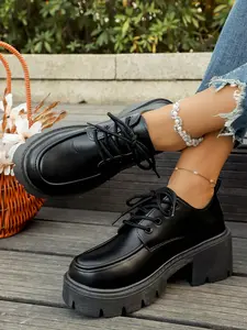 Women's Fashion Leather Lace-Up Casual Loafers Oxford Shoes, Solid Color Rubber Sole, Less Than Ankle Height, Comfortable Everyday Shoes, Classic Leather Shoes