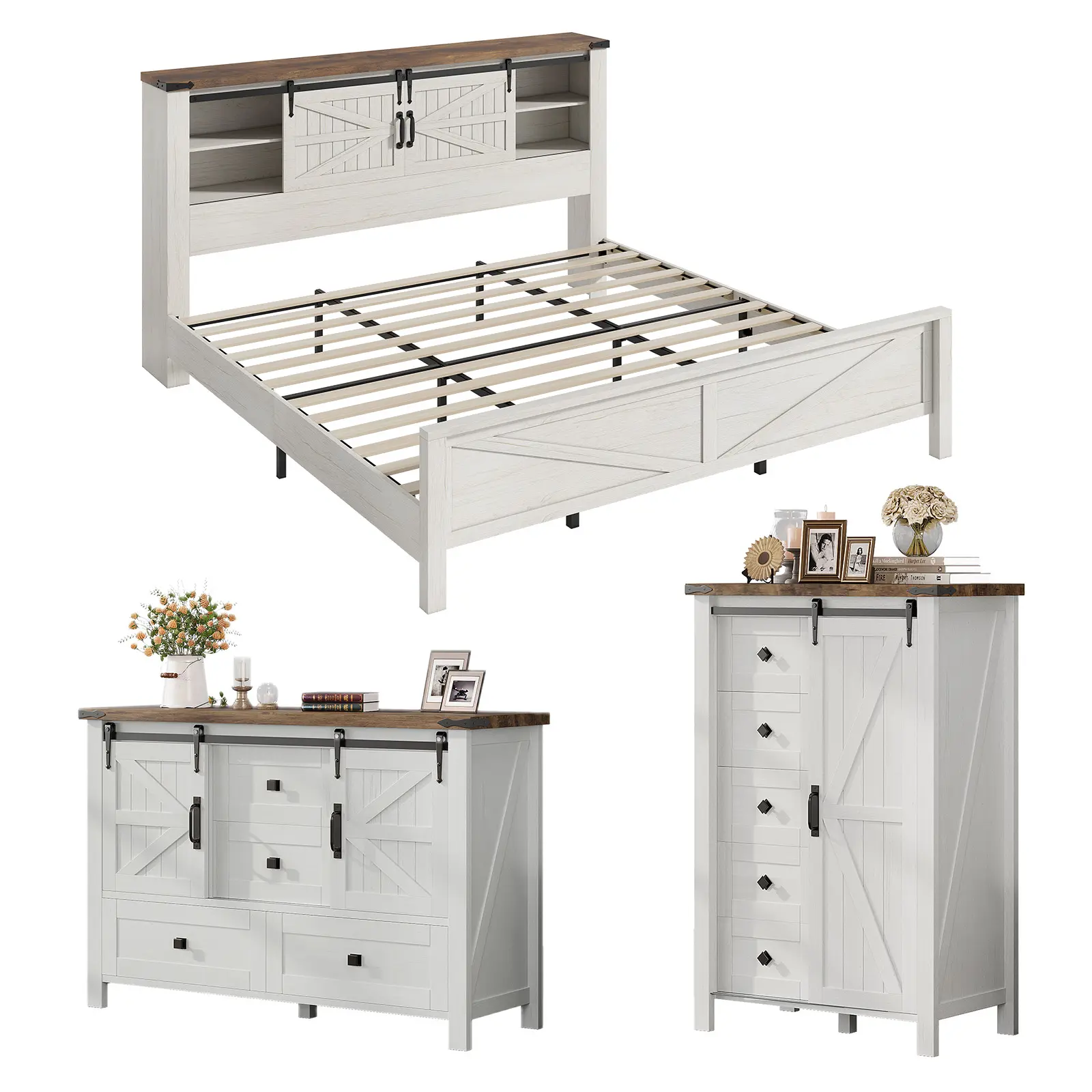 VanAcc 3 Pieces Farmhouse Bedroom Set with Sliding Barn Doors, Includes Rustic Wood Bed with Bookcase Headboard, 5 Drawer Tall Dresser, 47'' Dresser with 4 Drawers