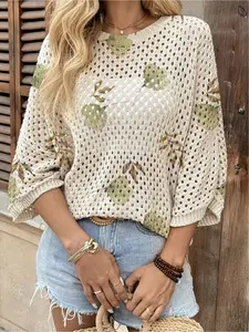 Spring & summer Bohemian knit top, Womenswear, round neck, hollow-out batwing sleeves, loose fit. Contrast floral print, lightweight. Suitable for daily, commute, vacation and beach bikini cover-up, casual and elegant.