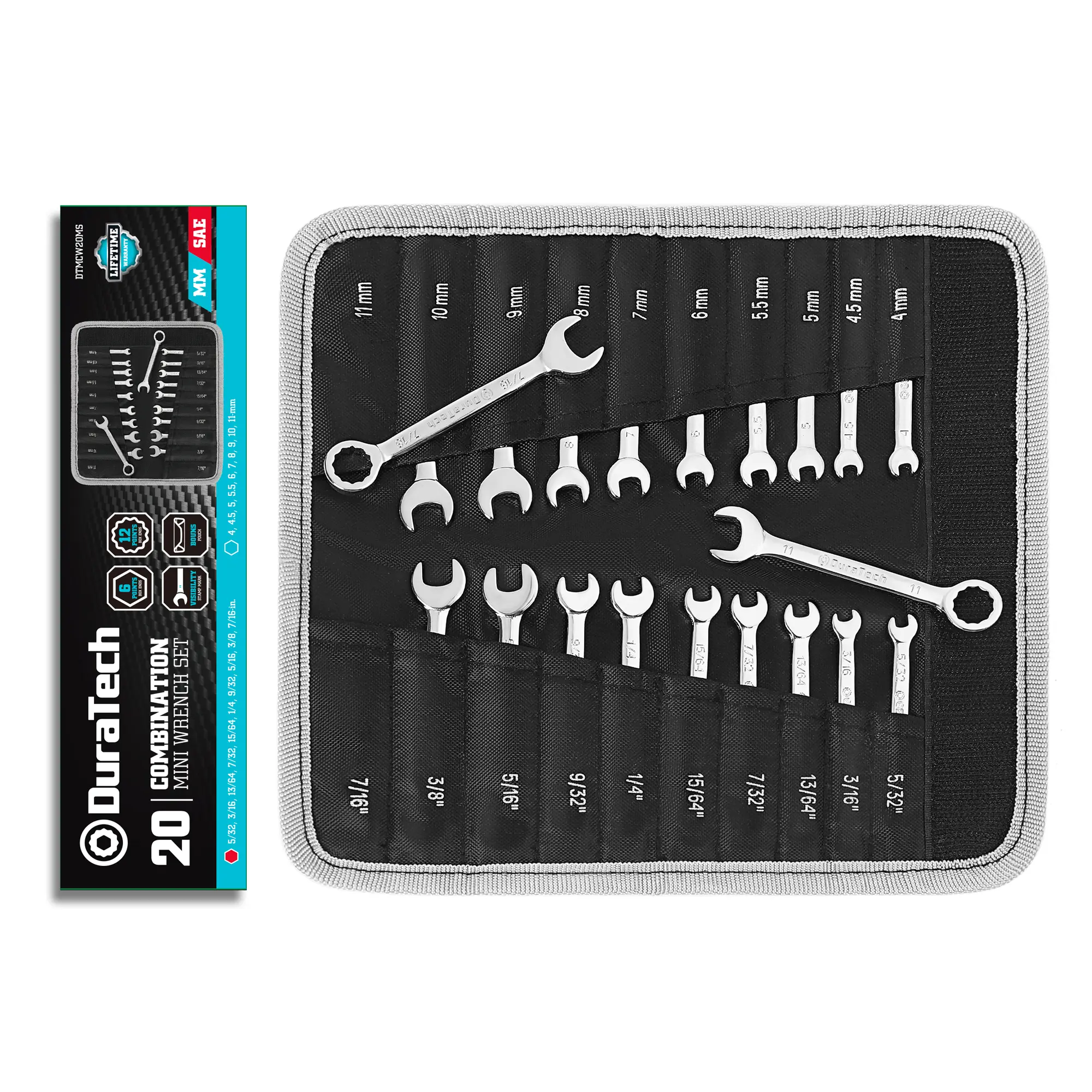 #fathersdaygift DURATECH Mini Wrench Set, Midget Combination Wrench Set, 20-Piece, Metric & SAE, 4-11mm & 5/32" - 7/16", Lightweight, with Rolling Pouch