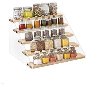 Rack Organizer for Cabinet & Countertop - Seasoning Organizer  Shelf - Space Saving Wooden Display Risers Shelf  Fixtures  (5 Tier)