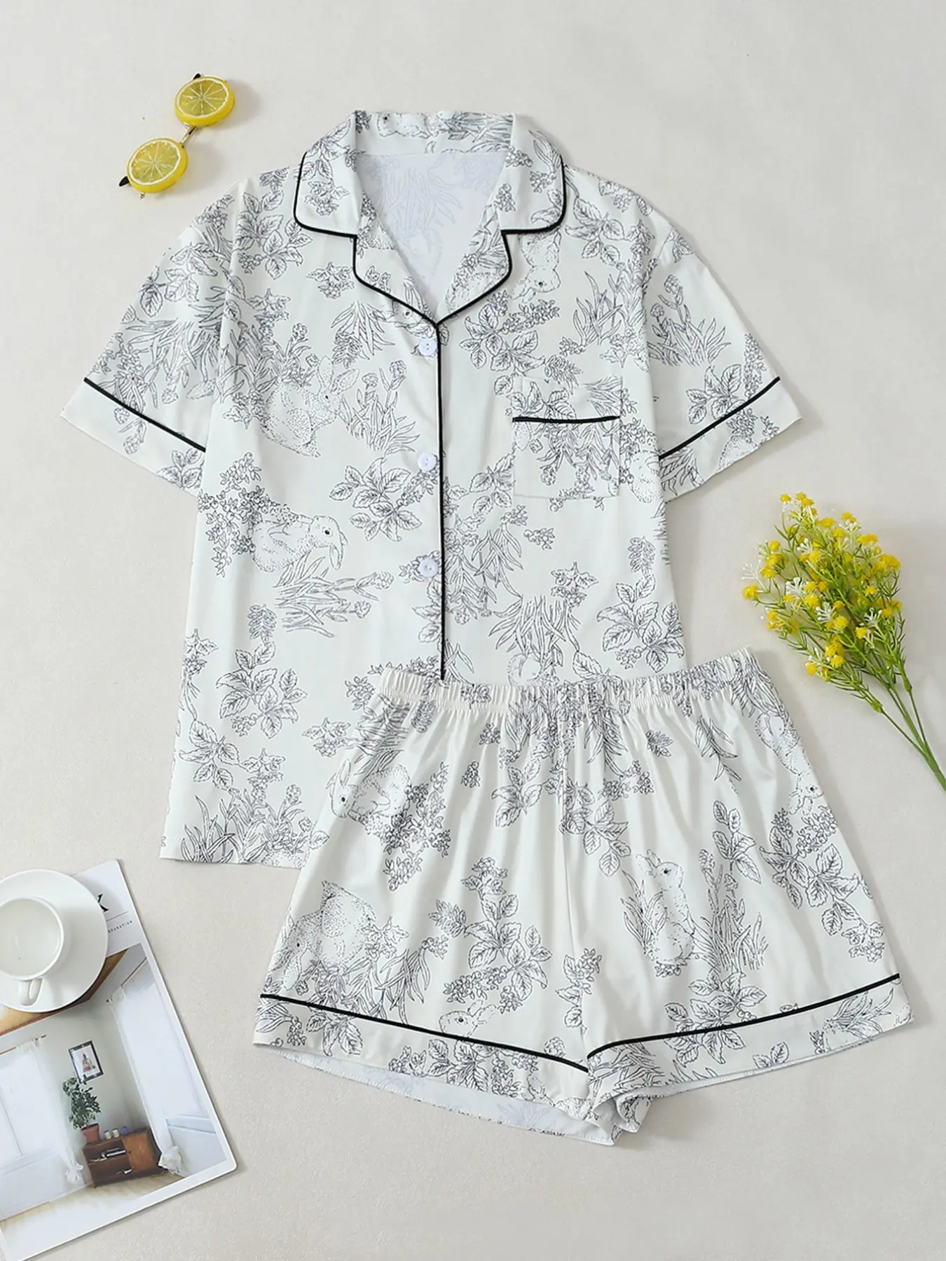 Spring Summer New Easter Series Print Women's Fitted Pajama Set, Loungewear, Nightwear, Soft Smooth Breathable Fabric, Everyday Indoor Outdoor Wear, Casual Home Clothing Two-Piece, Homewear, Pjs