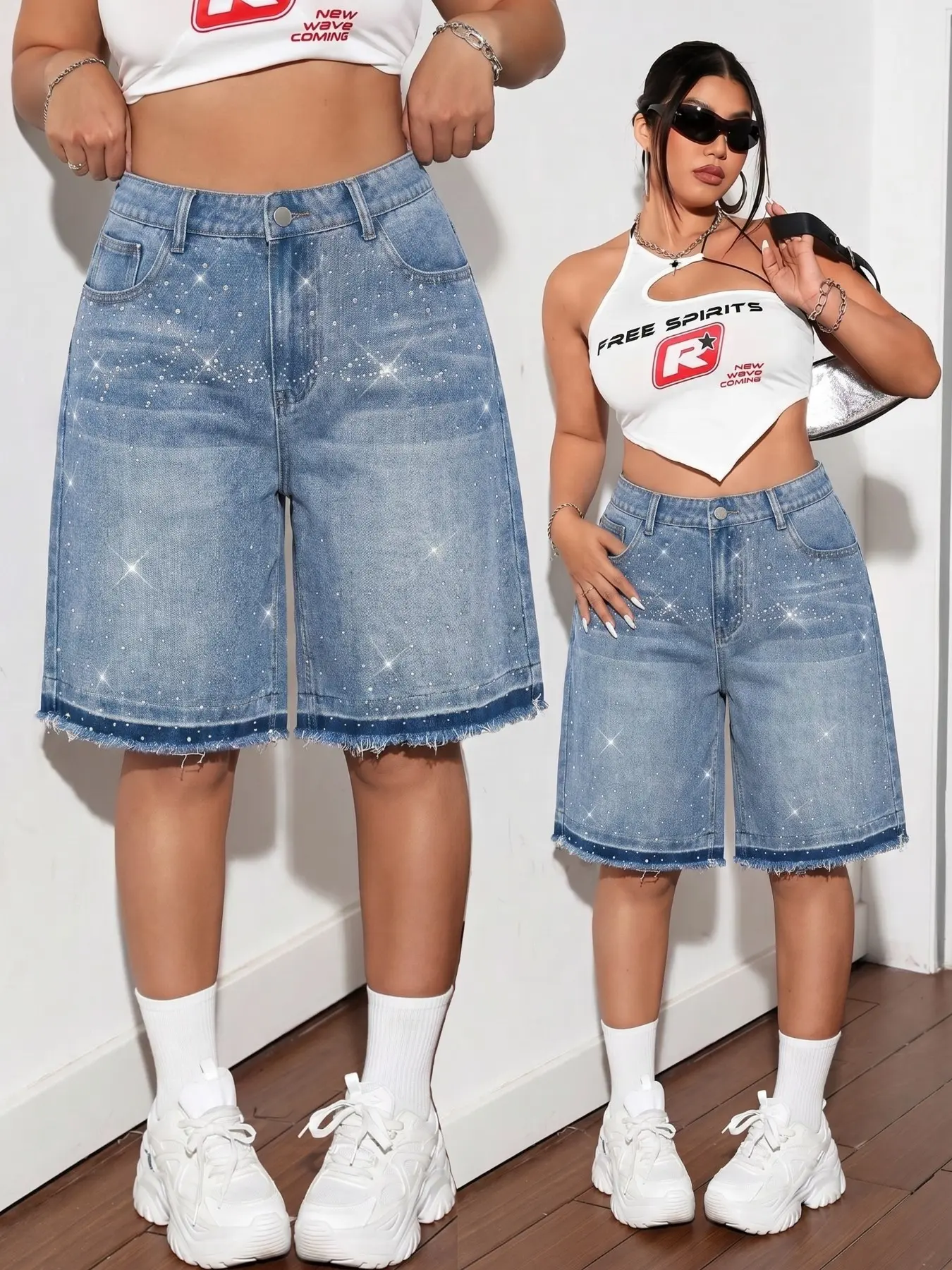 Women's Plus Size Rhinestone Denim Shorts, High Waist Frayed Edge Wide Leg Five-Pocket Jeans, Slimming Effect, Street Style