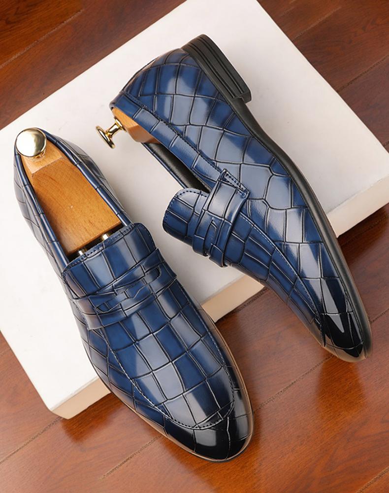 Men's Blue Croc-Embossed Penny Loafers, Formal Slip-On Leather Shoes38696