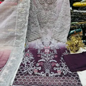 Ombre Dress with Heavy Stone Pearls Embroidery on Shirt and Dupattta Plain Trouser 3 pcs Pakistani Suit  Organza Light Soft Fabric Wedding Party Formal Wear