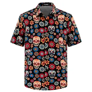 TIXMIE Menswear Men's Tropical Short-Sleeve Button-Down Hawaiian Shirt, Mexican Day of the Dead Sugar Skull Floral Print Casual Beach Shirt，The Perfect Father's Day Gift，good graphic tees，cotton graphic tees，shirt，camo