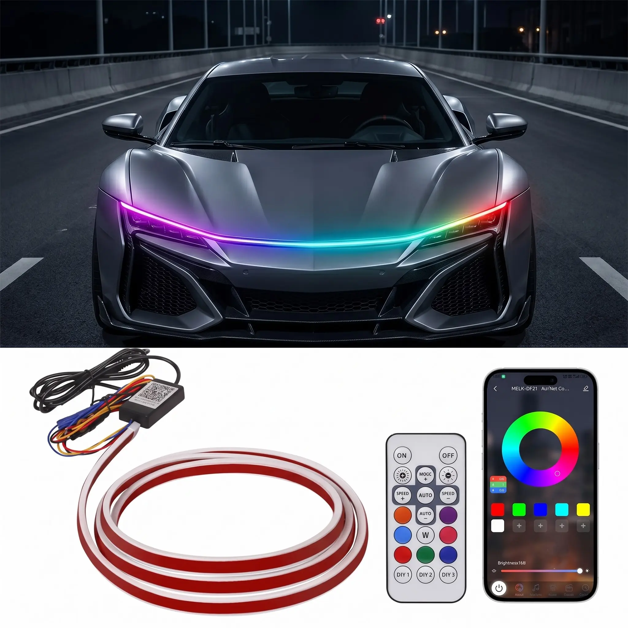 71 inch Waterproof Flexible Car Lights LED Car Ambient Light App Controlled RGB Dynamic LED Car Hood Light Strip 1 Count Dynamic Scan Start Up Light Strip With Instruction And Remote Controller