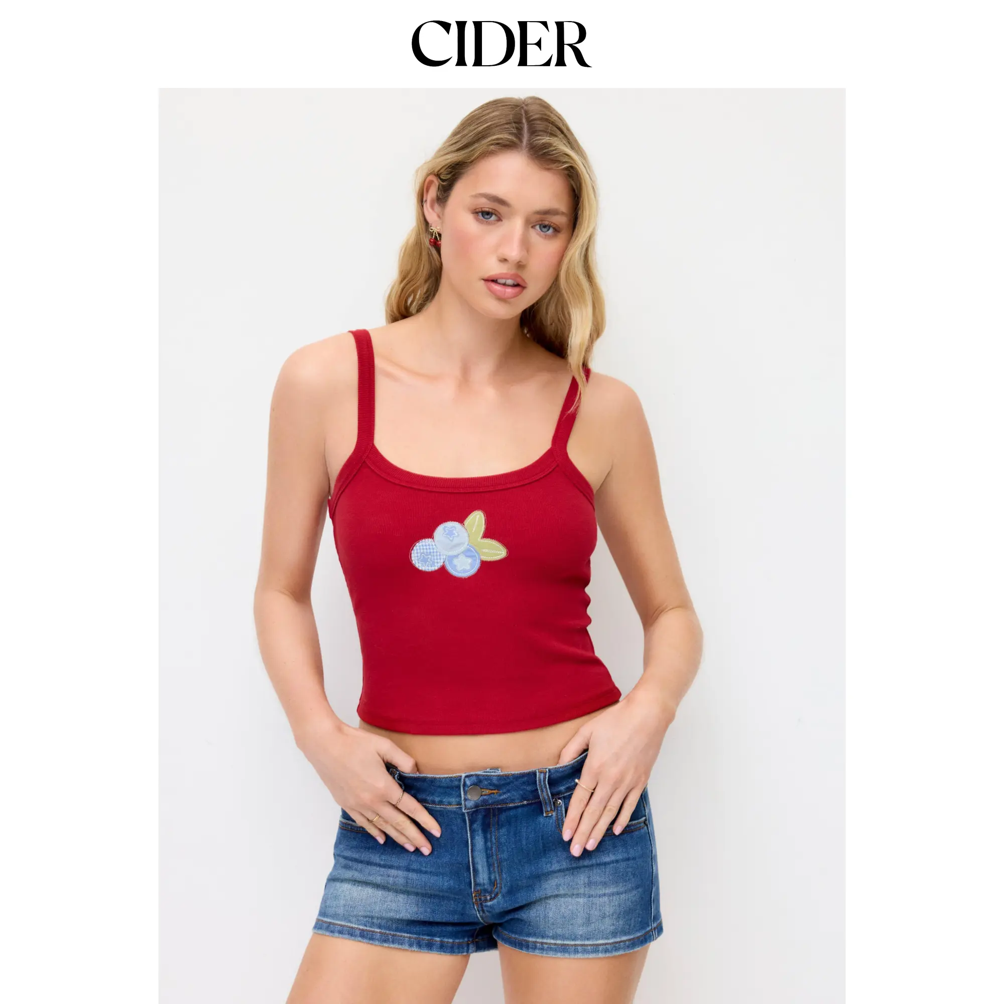 Cider Cotton-blend Fruit Applique Square Neckline Slim Top