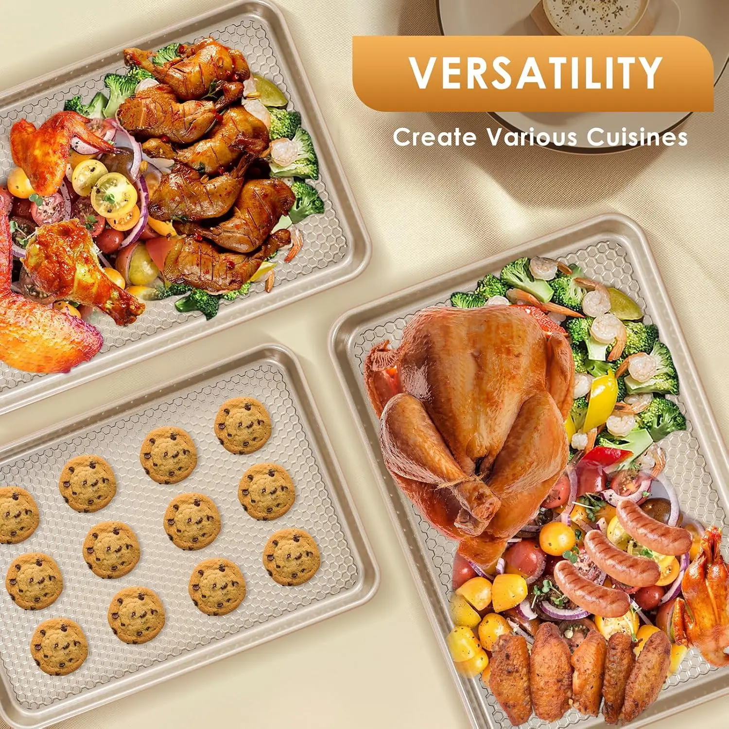 3-Piece Nonstick Carbon Steel Baking Sheet Pan Set, Textured Cookie Sheets for Kitchen Bakeware Use
