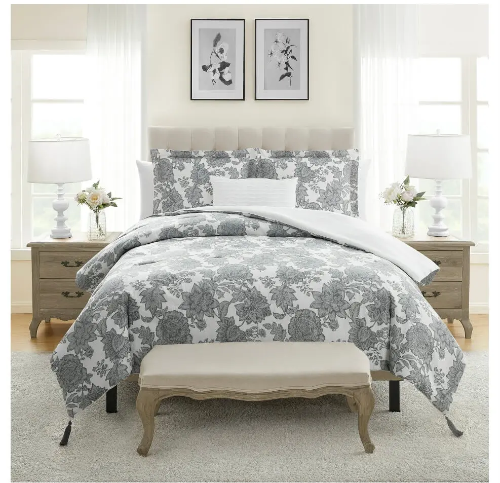 4-Piece Cotton Slub Comforter Set - My Texas House Victoria Jacobean Floral Bedding Ensemble with Farmhouse Vibe, Four Pieces