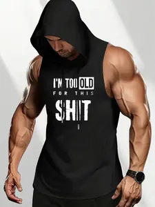 Men's Hooded Sleeveless Tank Top - "I'M TOO OLD FOR THIS SHIT" Funny Graphic Workout Vest | Muscle Fit Gym Hoodie for Weightlifting & Casual Street Style | Humorous Slogan Training Apparel for Mature Men