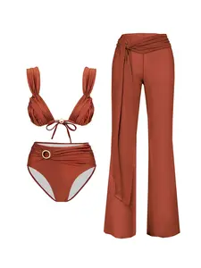 2026 classic triangle bikini set with tie straps and a chest-separating design; fashionable, sexy high-waisted two-piece swimsuit set with long pants; casual vacation beach swimwear and hot spring wear.