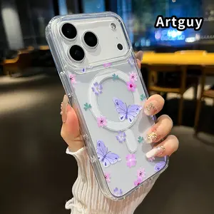 Magnetic Soft Case for iPhone 17 16  Pro Max Plus 15 14 13 12 11 Air E Butterfly - Flower Reverie Pattern Anti-Yellowing Shockproof ultra-thin Silicone Crystal Transparent Acrylic Large Hole Cover Supports Wireless Charging