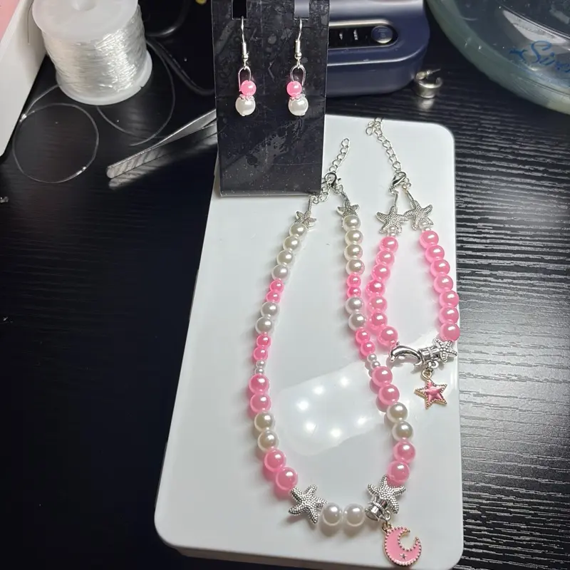 Handmade Pink Pearl Jewelry Set – Necklace, Bracelet & Earrings