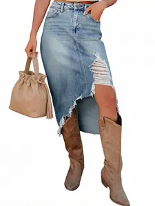 Asvivid Women's High Waist Cowboy Denim Skirt, Casual Soft Cotton Midi with Asymmetrical Slit and Ripped Frayed Hem
