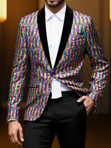 Men's shiny suit jacket, colorful suit, sequin party suit, evening dress, disco style, Halloween, Christmas season. Formal Menswear Festive Stylish Vibe Long Sleeve Multicolor