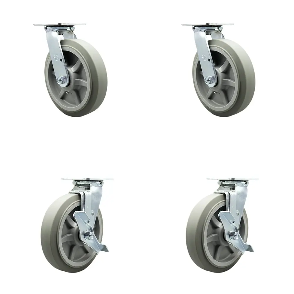 Service Caster SCC-30CS820-TPRBF-2-TLB-2 Heavy Duty Swivel Brake Castors (Set of 4), 8 in. Diameter 2 in. Wide TPR Flat Tread Wheels, Double Ball Bearing Heat Treated Raceways, 2400 lbs High Capacity for Dollies, Warehouse Carts, Casters