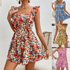 Sleeveless Square Collar Printed Elastic Waist Back Jumpsuit Dress Womenswear affordable romper Fabric Asian Check High Waist