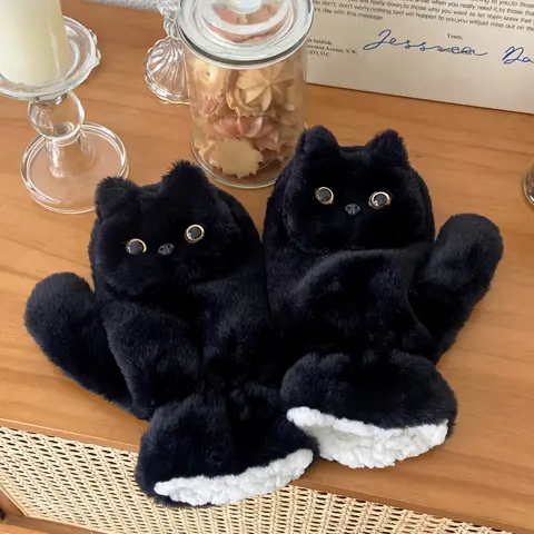 Cute Black Cat Plush Gloves - Winter Warmth, Windproof & Cold-Resistant, Full Coverage, Adorable Design, Outdoor Activities