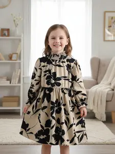 Charming Long Sleeve Floral Dress for Toddlers & Girls - Chic Ruffle Neck & Elegant Black/Beige Botanical Print - Perfect for Fall/Spring, School, or Parties