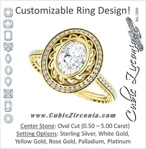 Cubic Zirconia Engagement Ring- The Sydney Ava (Customizable Cathedral-Bezel Oval Cut Filigreed Design with Halo & Pavé Accents)