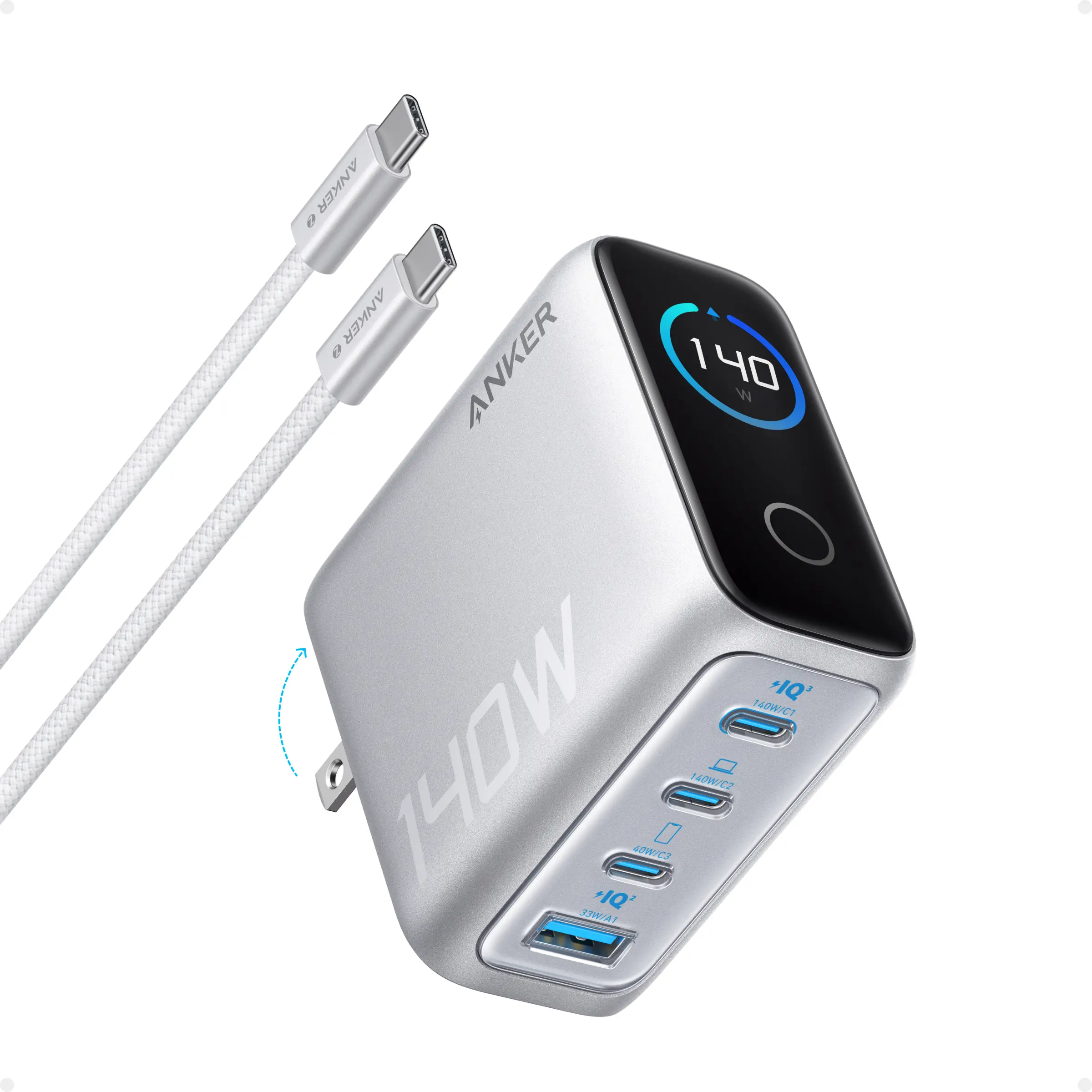 Anker Laptop Charger, 140W MAX USB C Charger, 4-Port Multi-Device Fast Charging, Advanced GaN Power Adapter, Intuitive Touch Controls, for MacBook, iPhone 16 Series, Samsung Galaxy, Pixel, and More