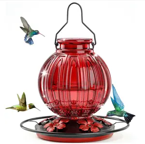 Glass Hummingbird Feeder for Outdoors Hanging, 26Oz Bird Nectar Feeder with Perch & 5 Flower Feeding Ports, Leak Proof for Outside Garden Decor Backyard, Gifts for Women Mom, Red